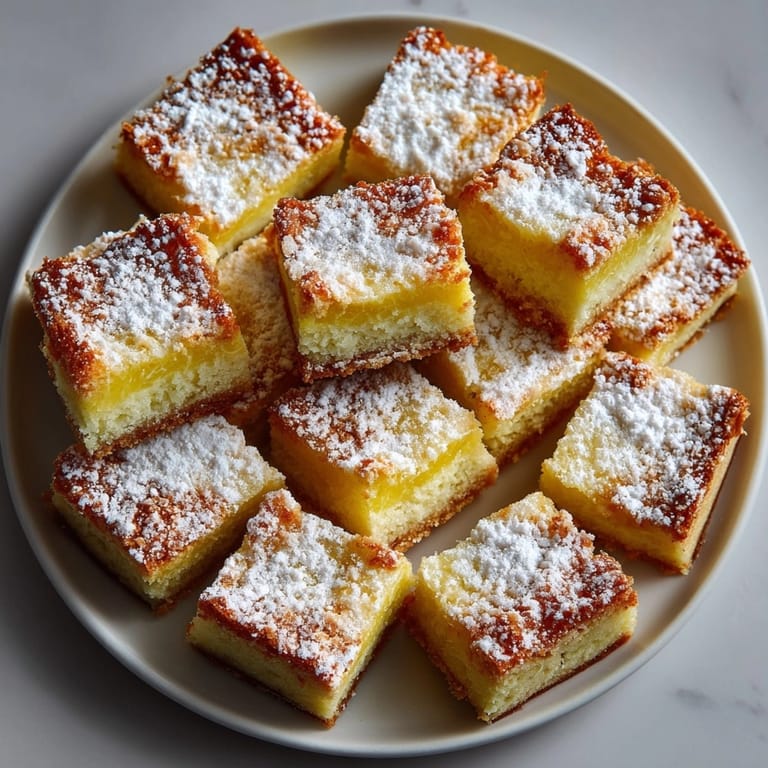 Zesty Ricotta Lemon Bars with vibrant lemon aroma, dusted with sugar and cut into neat squares.