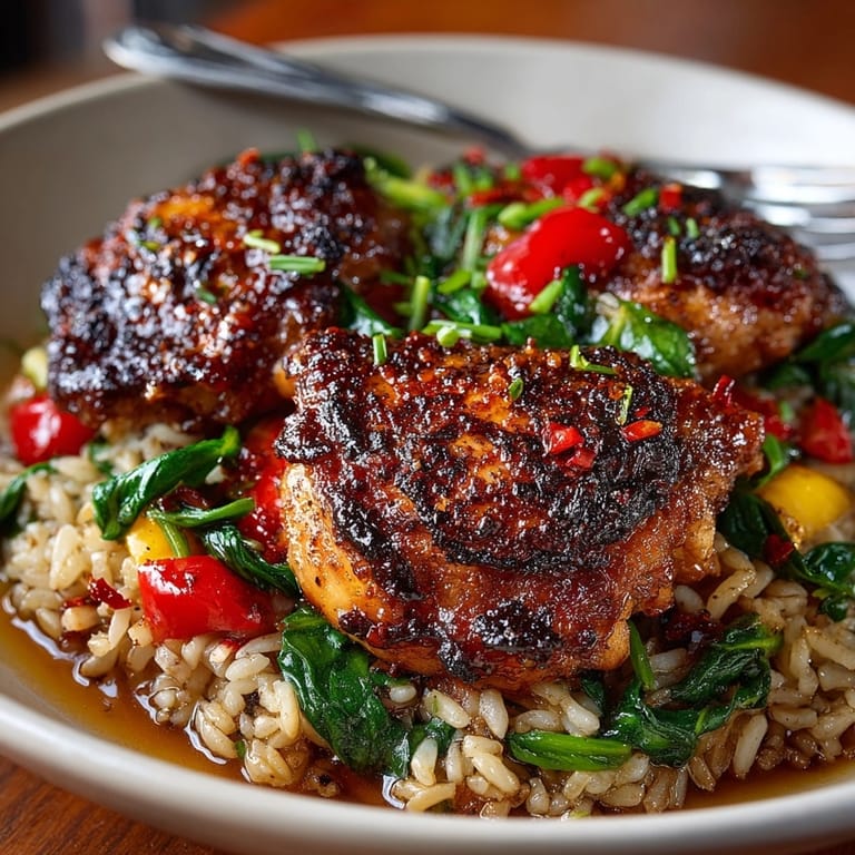 Steaming One-Pot Cherry Chicken Dinner served over fluffy rice with fresh spinach and red peppers.