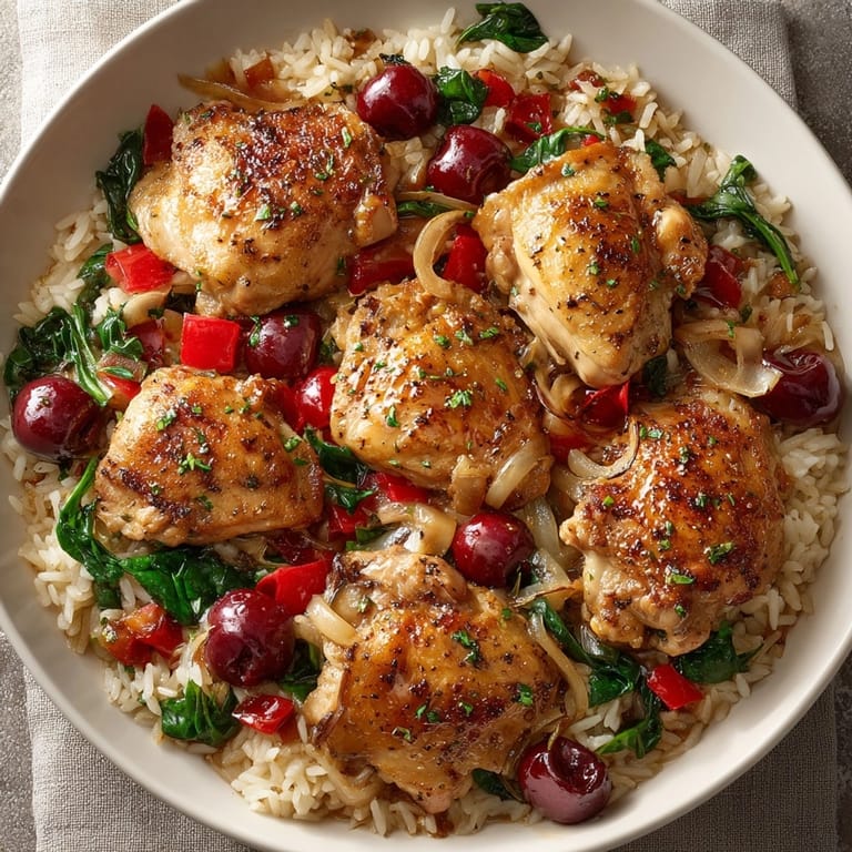Golden-browned chicken and cherries create a colorful, inviting One-Pot Cherry Chicken Dinner centerpiece.
