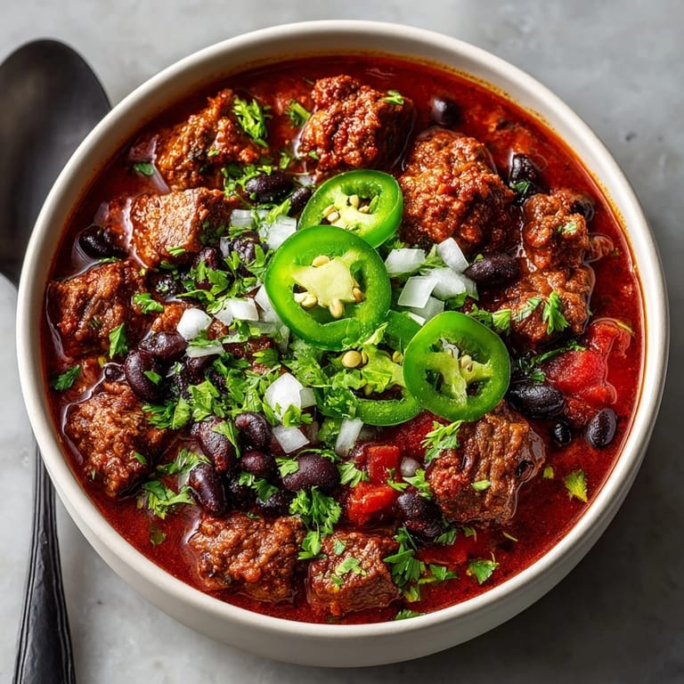 Short Rib and Chorizo Chili Recipe served hot with diced jalapeños and sour cream on top.