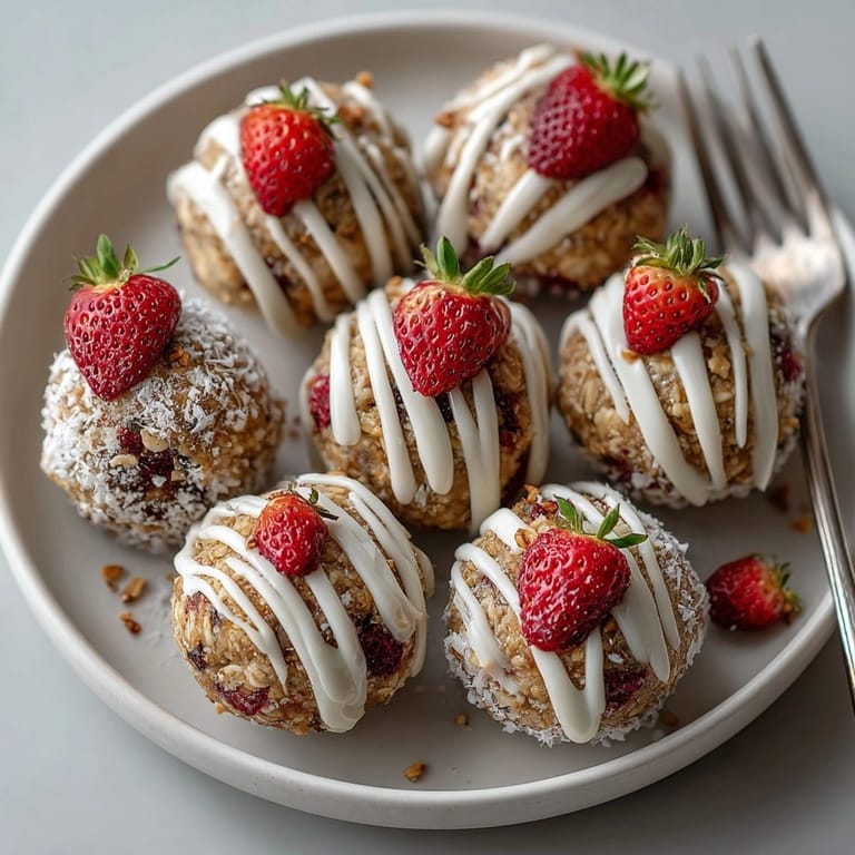 Fresh Strawberry Shortcake Energy Bites stacked and ready for healthy snacking, bursting with natural berry flavor.