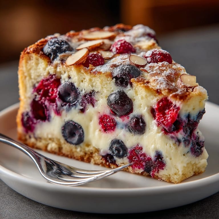 Freshly baked Protein Berry Yogurt Cake: a moist, tangy dessert, served with a dollop yogurt.