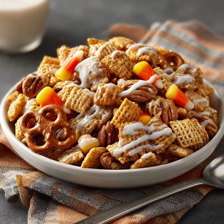 Homemade Pumpkin Spice Chex Mix baking on a sheet, ready for the Halloween party.