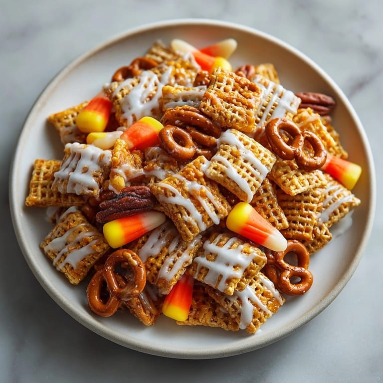 Fragrant Pumpkin Spice Chex Mix snack: sweet, crisp autumn flavors, coated and cooling.