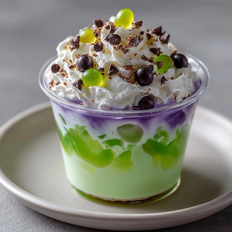 Festive Sugar-Free Witch&amp;rsquo;s Brew Jello Cups layered in clear cups topped with whipped cream.