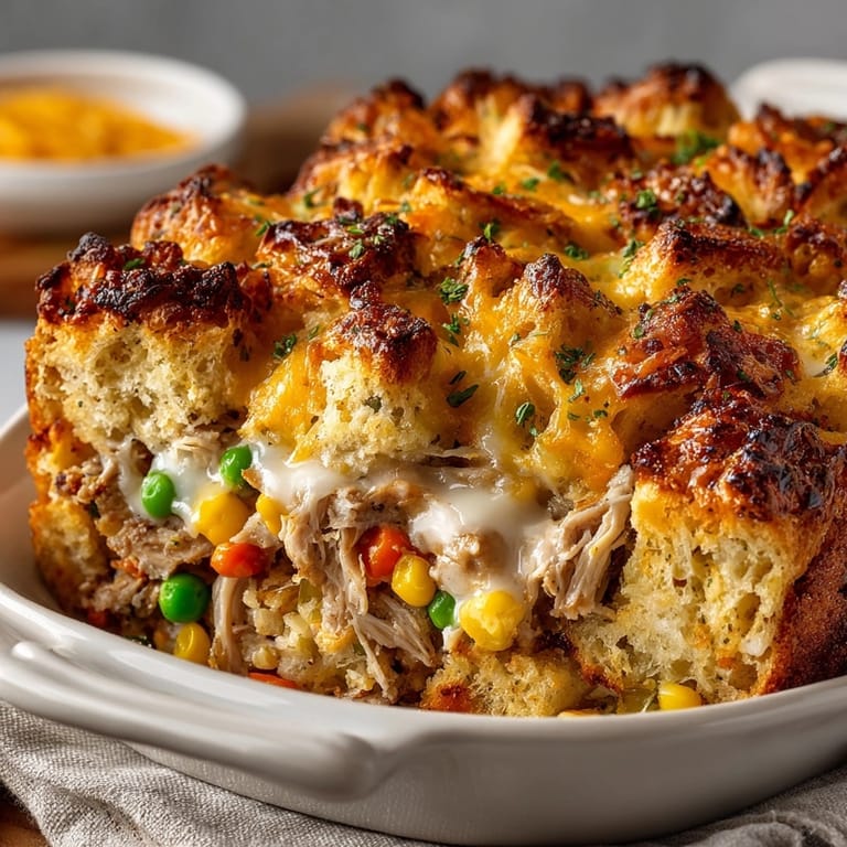 Creamy Turkey &amp; Stuffing Leftovers Casserole with melted cheddar, an easy holiday dinner redo.