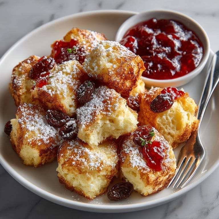 Warm, fluffy Scrambled Pancakes, an Austrian treat, ready for a sweet fruit compote topping.