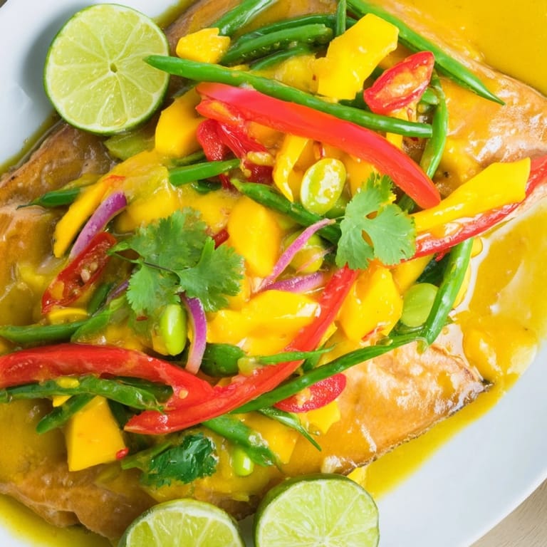 Baking sheet filled with juicy Mango Lime Salmon, colorful veggies, and tangy sauce.