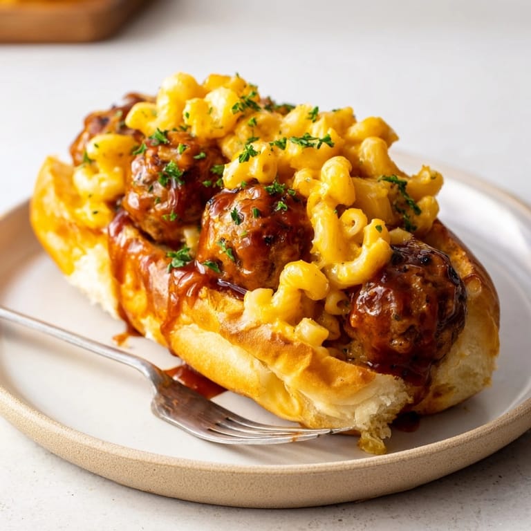 Golden-brown Mac and Cheese topped BBQ Meatball Sub, ready to enjoy with family.