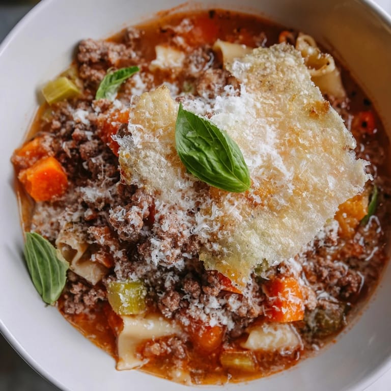 Hearty Lasagne Soup simmering in rich tomato broth with tender pasta pieces.  