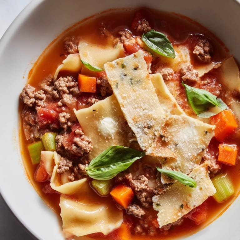 Comforting Lasagne Soup topped with golden Parmesan crisps, perfect for chilly evenings.