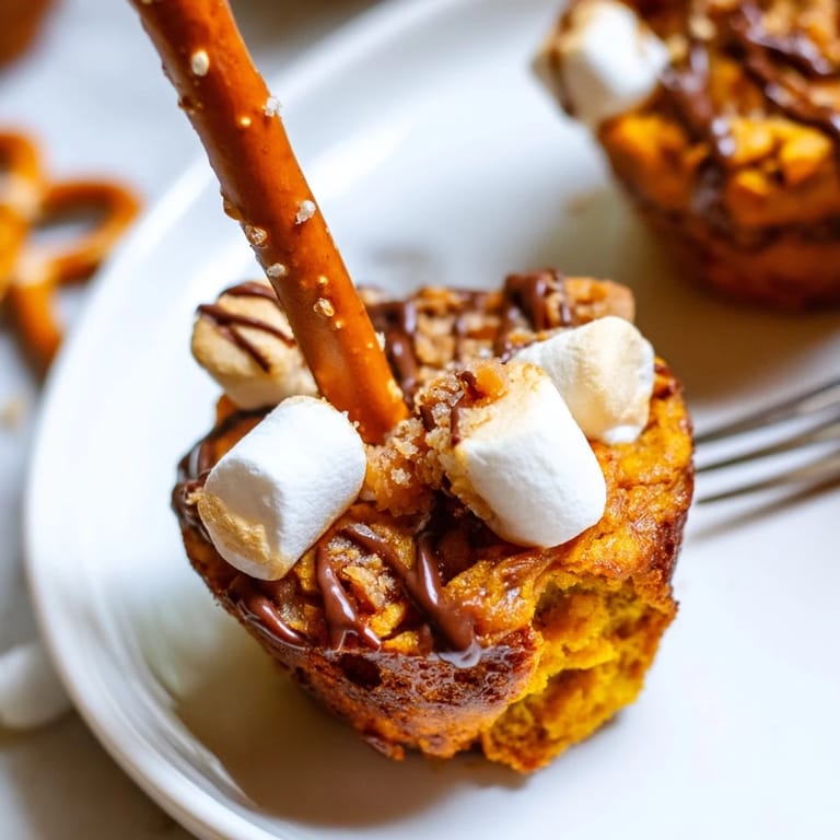 Warm, fluffy Smores Pumpkin Pretzel Muffin Sticks topped with toasted marshmallows and graham crackers.  