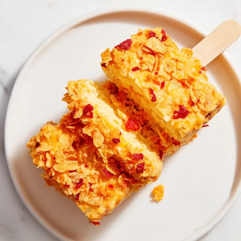 Cheesy and fiery Flamin Hot Spicy Cheddar Biscuit Pops served on wooden sticks.