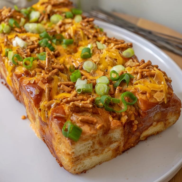 Golden Buffalo Ranch Flaky Pretzel Biscuit Bars layered with creamy ranch and cheese.