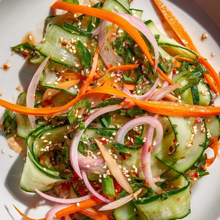Colorful cucumber salad remix with carrots and scallions, topped with sesame seeds.
