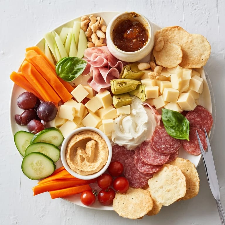 An inviting Girl Dinner Platter with colorful dips, fresh veggies, and tasty meats.  