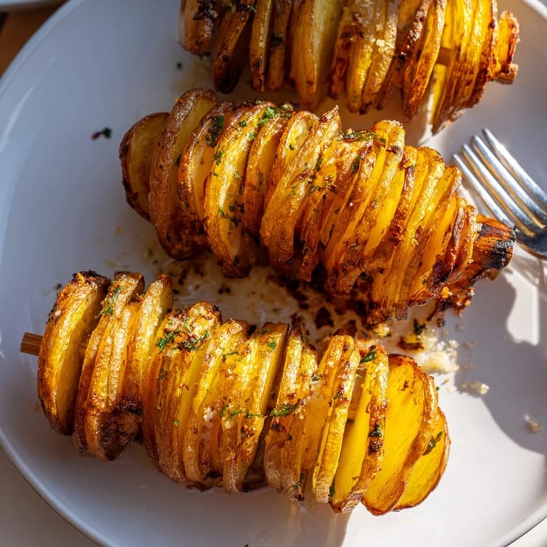 Golden spiral potatoes on skewers, air-fried for a deliciously fun side dish.  
