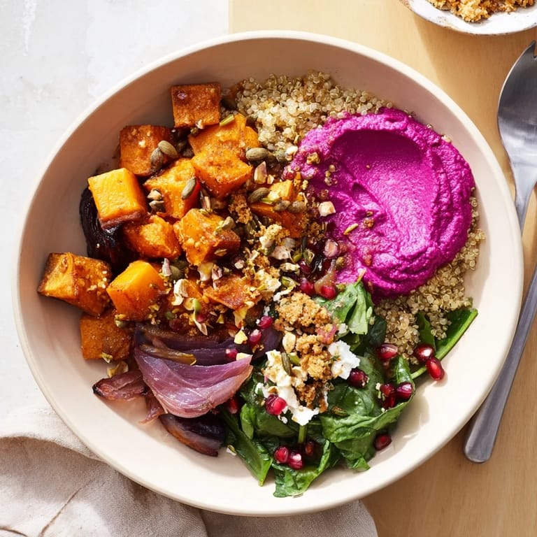 Vibrant, hearty spiced winter bowls topped with pistachio-maple crumble and fresh greens.  