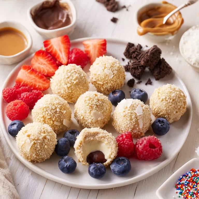 Delicious cheesecake bites artfully arranged, paired with assorted toppings for a festive treat.
