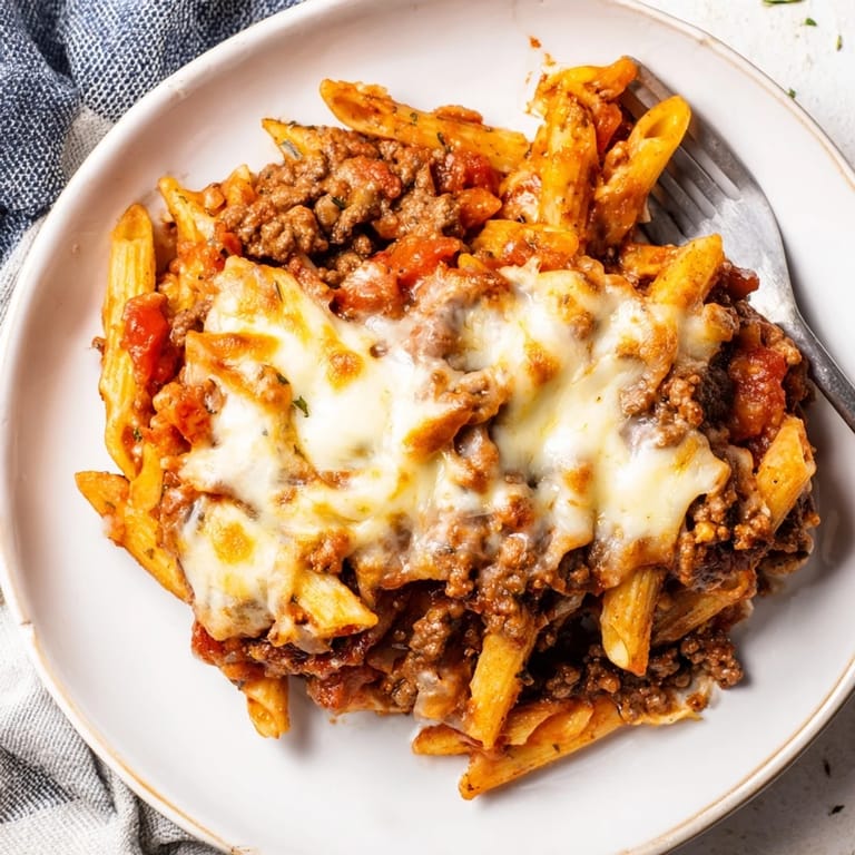 Golden, melty Cheesy Beef & Penne Bake served with crusty bread and fresh salad.  