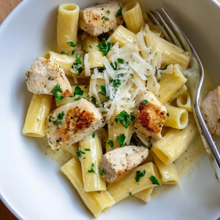 Deliciously rich Creamy Garlic Parmesan Chicken Rigatoni in a silky cream sauce.  