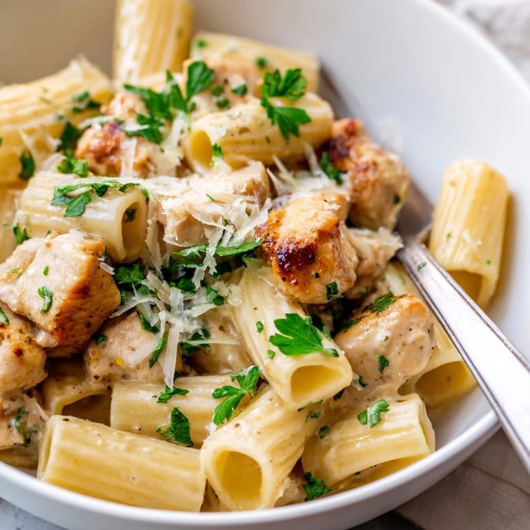 Comfort food at its best: Creamy Garlic Parmesan Chicken Rigatoni with tender chicken pieces.