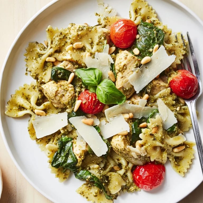 Delicious Pesto Chicken Bowtie Pasta, featuring tender chicken in a rich basil sauce.