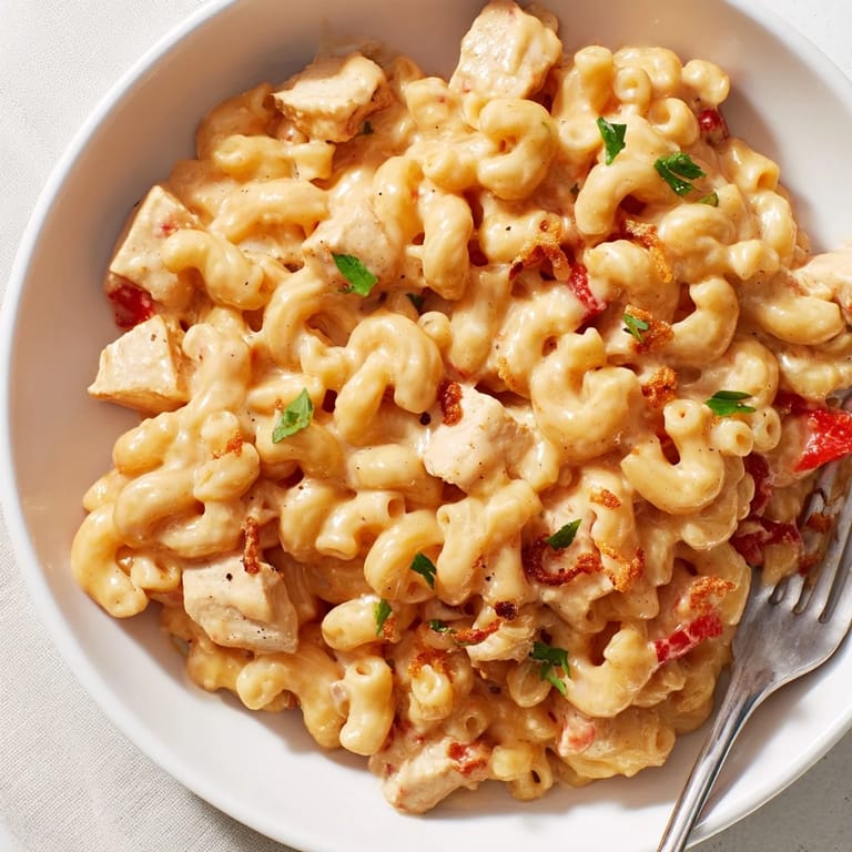 Savory One-Pot Honey BBQ Chicken Mac and Cheese with melted cheddar and smoky flavor.  