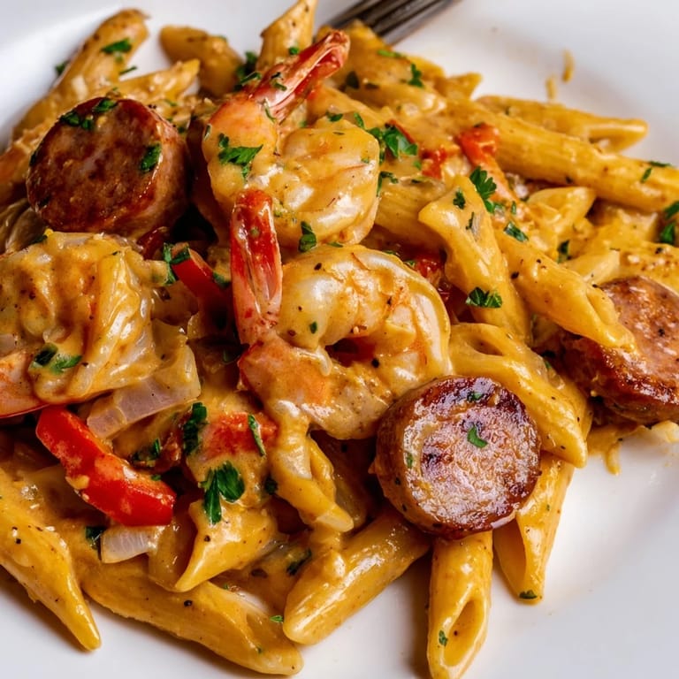 A colorful Cajun Sausage & Shrimp Alfredo Pasta Skillet steaming in a rustic pan.  