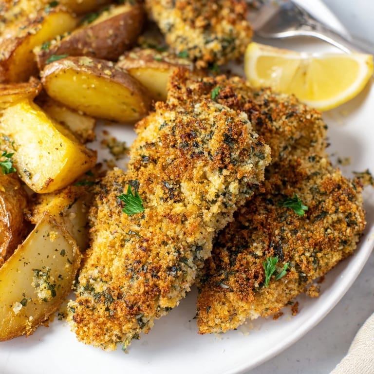Golden-brown potato wedges alongside tender chicken tenders, bursting with fresh herb flavors.  
