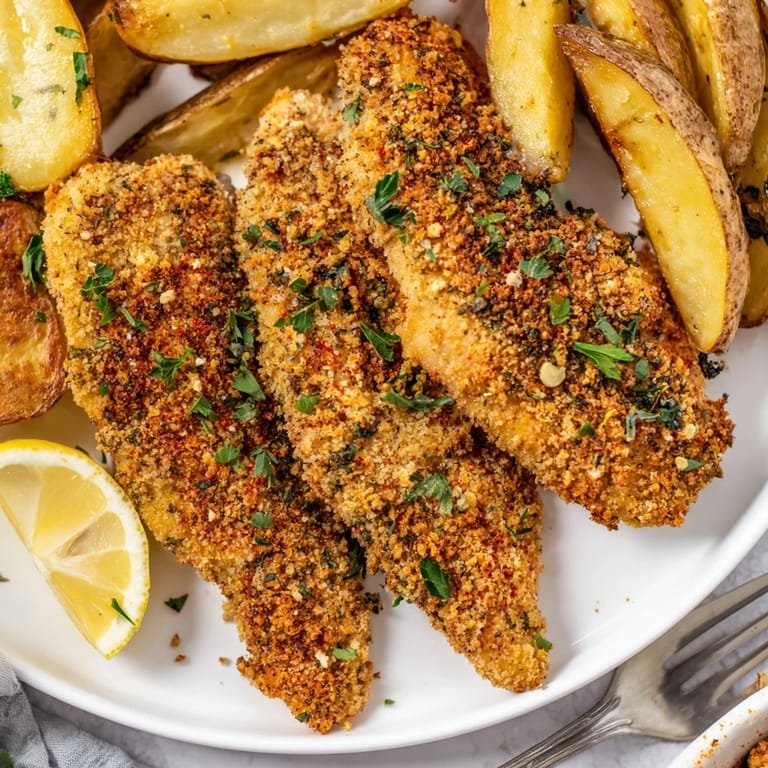 Delicious herbed chicken tenders and crunchy potato wedges served with lemon garnish.