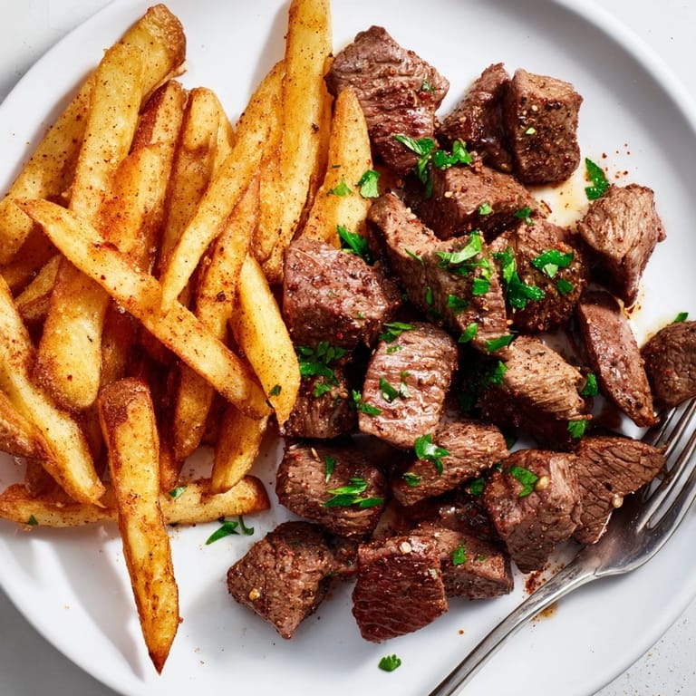 Savory blackened Cajun steak bites garnished with fresh parsley beside crispy fries.  
