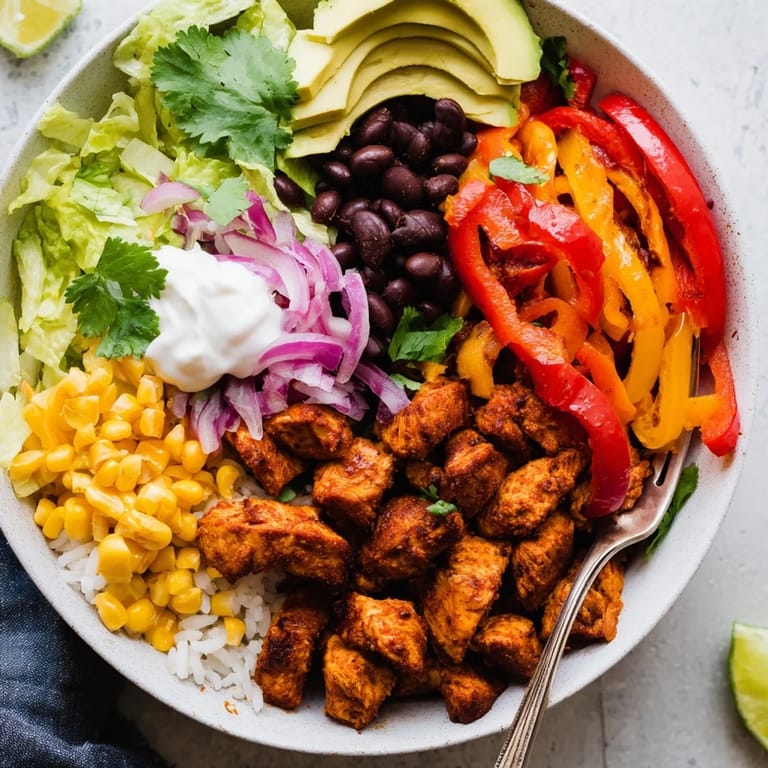 Delicious Sheet Pan Chicken Burrito Bowls featuring spiced chicken, black beans, and avocado slices.  