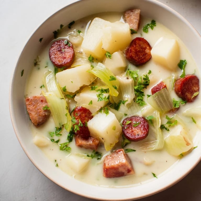 Golden Potato, Leek & Chorizo Soup, garnished with parsley and browned chorizo pieces.