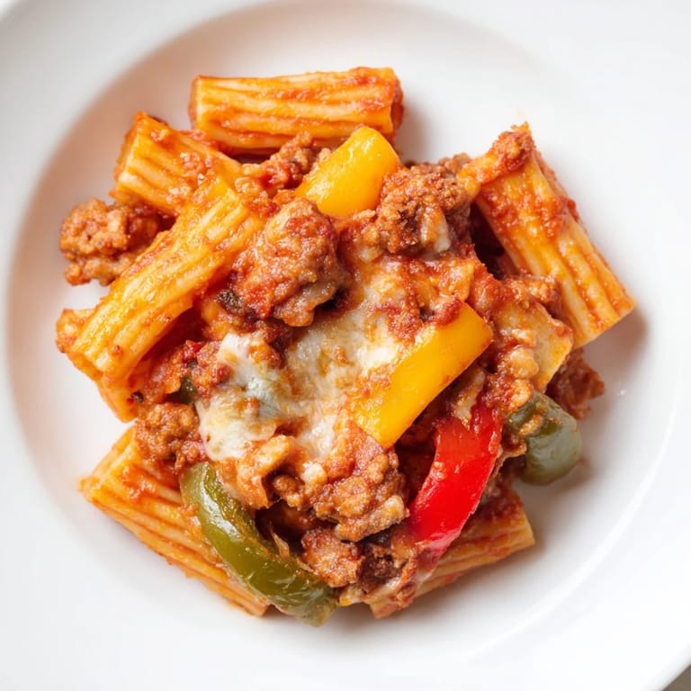 A close-up of golden-brown Baked Rigatoni with Sausage & Peppers, its savory aroma tempting you.