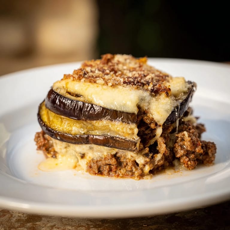 This creamy Moussaka, layered with spiced beef, is showcased in a baking dish, ready to eat.