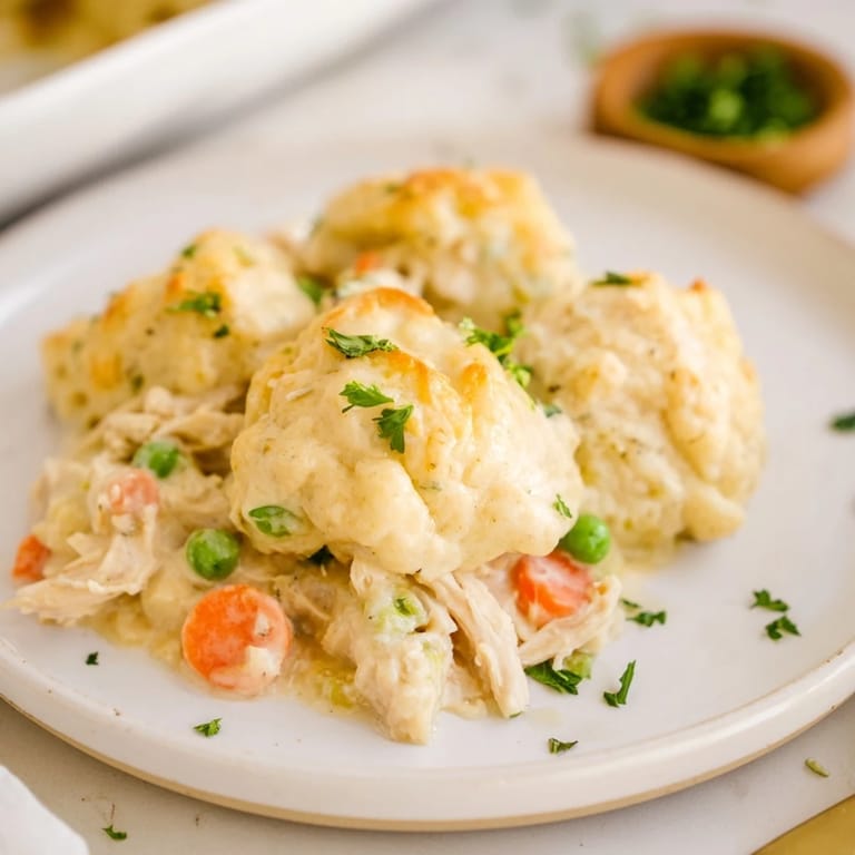 Creamy, bubbling Chicken and Dumplings Casserole, showcasing a hearty main dish with tender chicken.