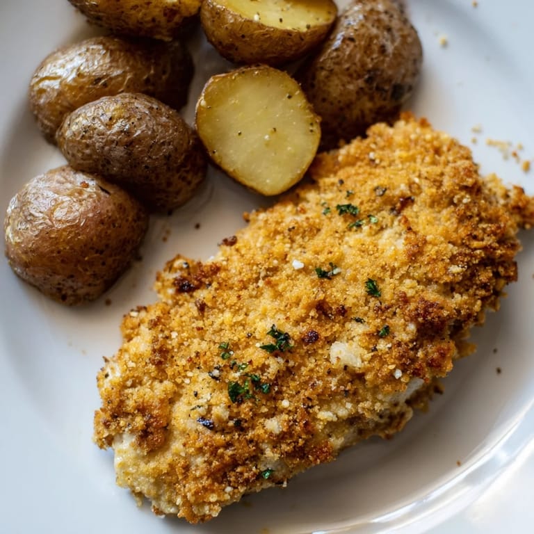 A close-up view of perfectly cooked Crispy Parmesan Crusted Chicken & Potatoes, a comforting American dinner.