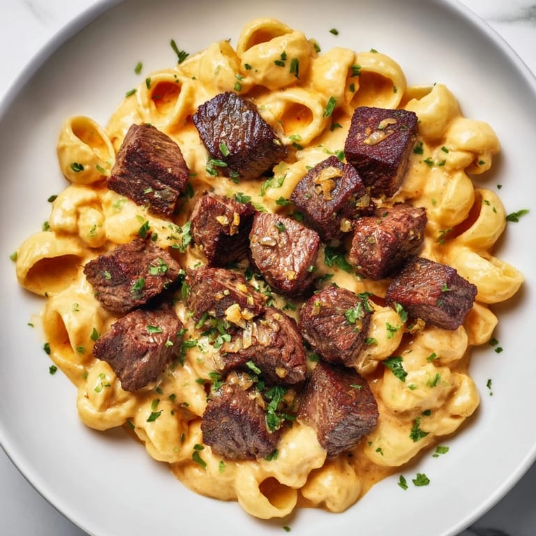 Sizzling garlic butter coats succulent steak bites, served alongside cheesy pasta shells, a comforting dinner.