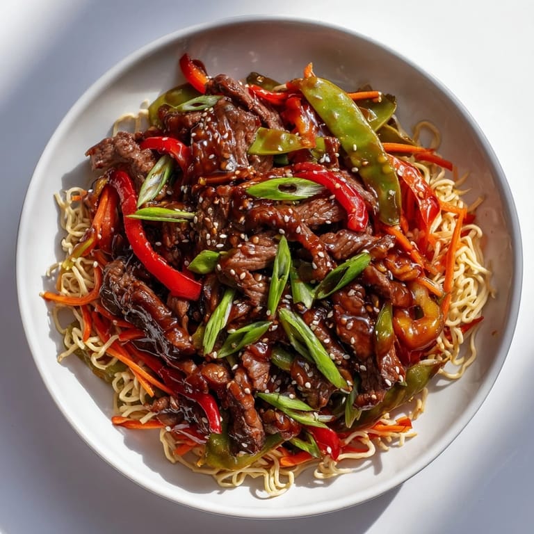 A steaming bowl of Teriyaki Beef & Noodle Bowl showcasing tender beef atop flavorful noodles and veggies.