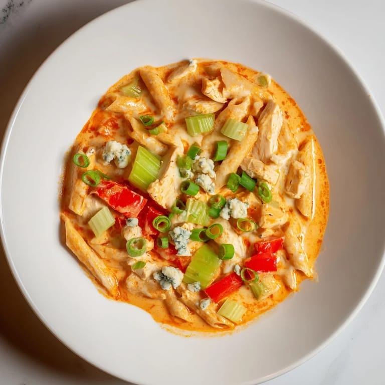 Golden-brown, bubbly Buffalo Chicken Pasta Skillet, with visible chunks of chicken and colorful vegetables.