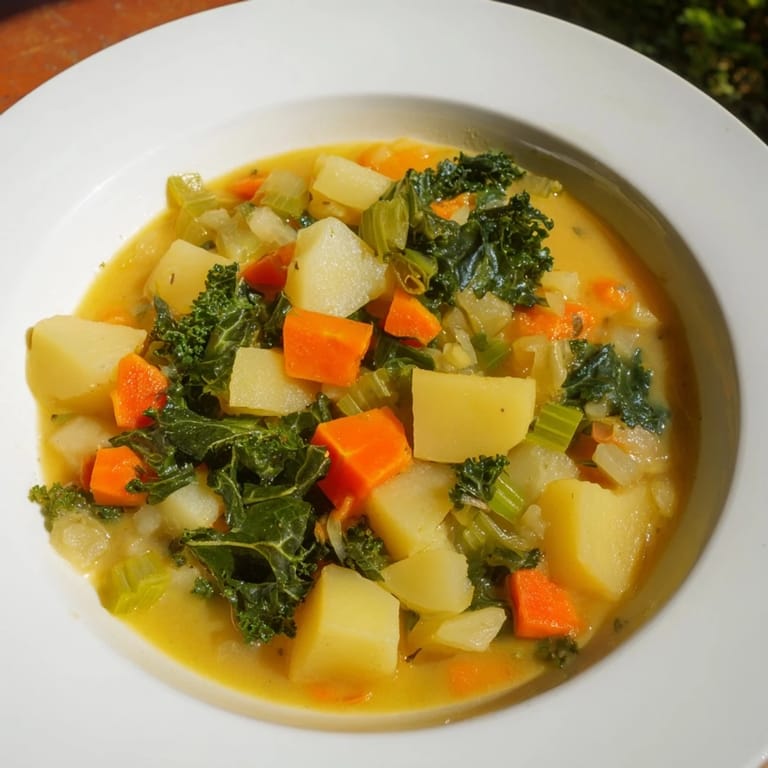 Close-up of hearty Vegetarian Potato-Kale Soup, with vibrant green kale and tender potatoes.