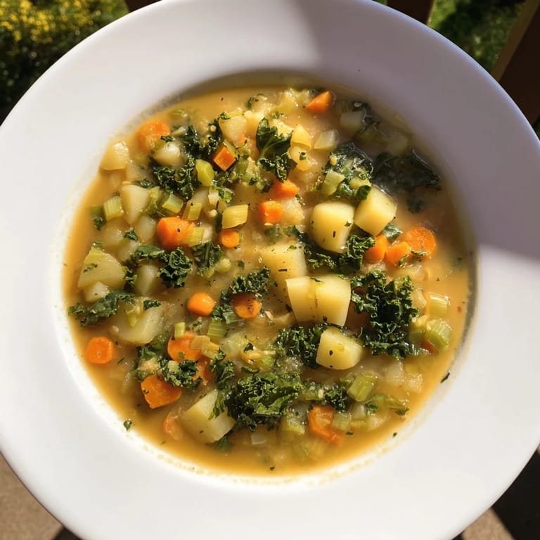 Delicious, homemade Vegetarian Potato-Kale Soup, perfect for a healthy and comforting meal.