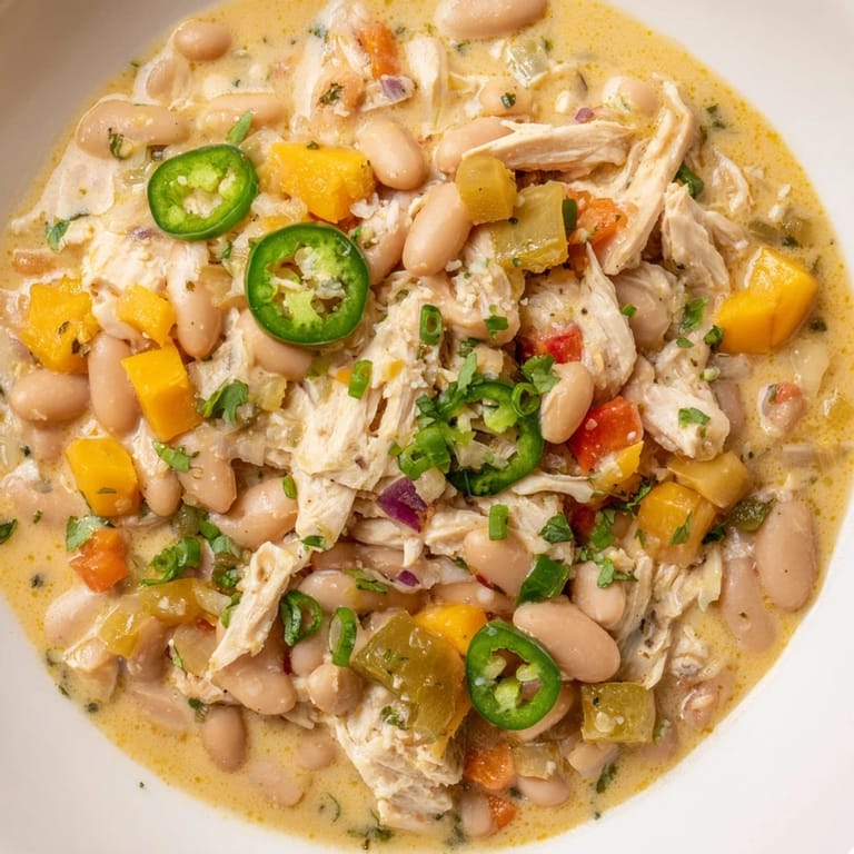 This comforting Creamy White Chicken Chili with Beans shows a rich, steamy bowl perfect for a cold night.