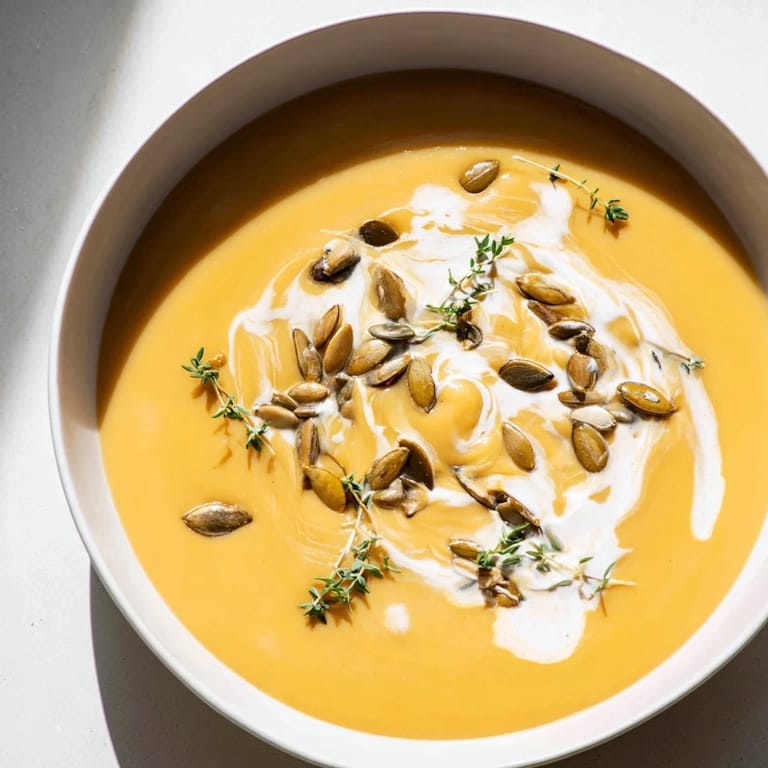 A steaming bowl of creamy roasted acorn squash soup, topped with fresh thyme and pepitas.