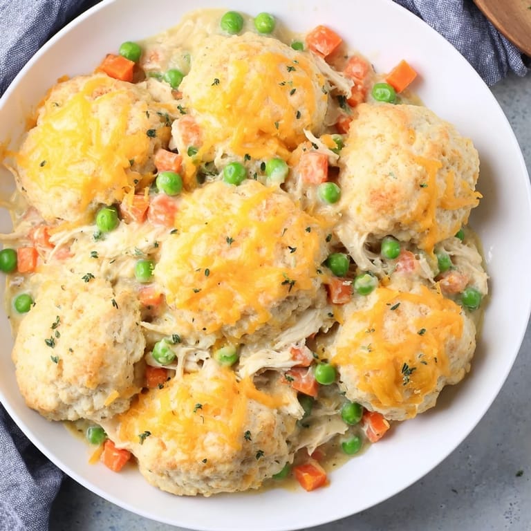 Delicious One-Pan Chicken Cobbler with browned cheddar biscuits and tender chicken and vegetables in a creamy sauce.