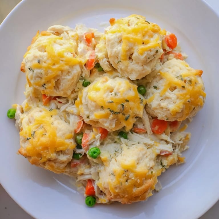 A close-up of a warm One-Pan Chicken Cobbler with fluffy cheddar biscuits, ready to be served.