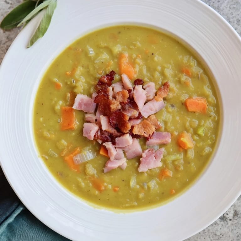 Thick, hearty Split Pea Soup with Canned Ham, smelling of savory bacon and ready to eat.