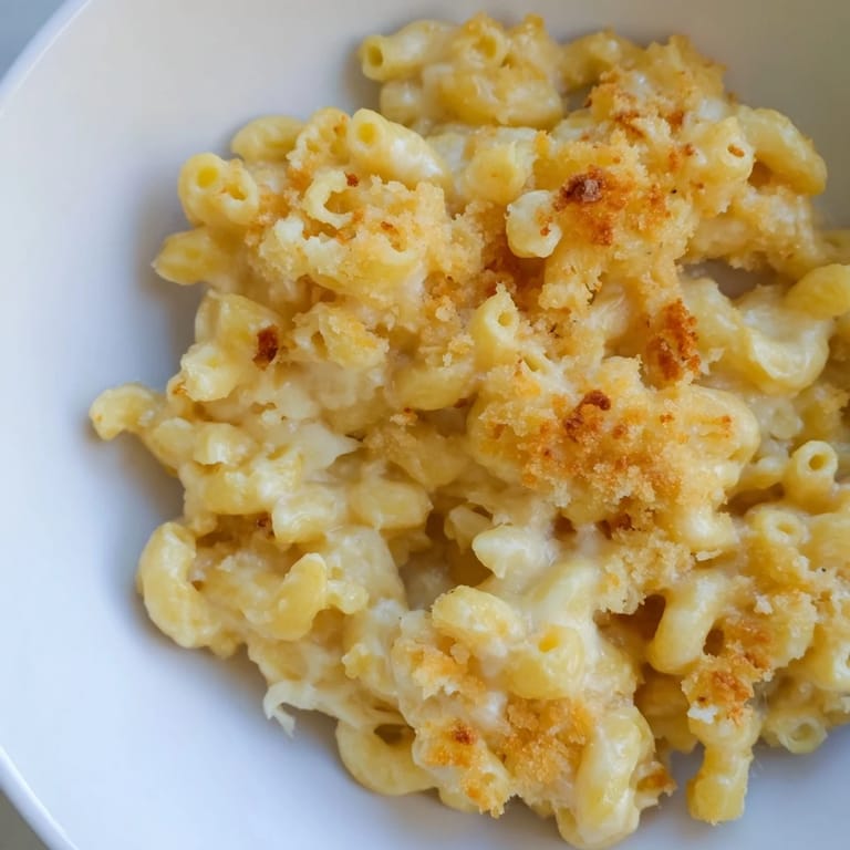 A close-up of cheesy, homemade Mac & Cheese with Evaporated Milk, a classic American comfort dish.