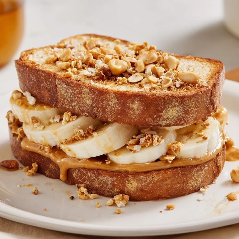 A layered Peanut Butter & Banana Sandwich Upgrade with visible peanut butter, bananas, and crunchy granola topping.
